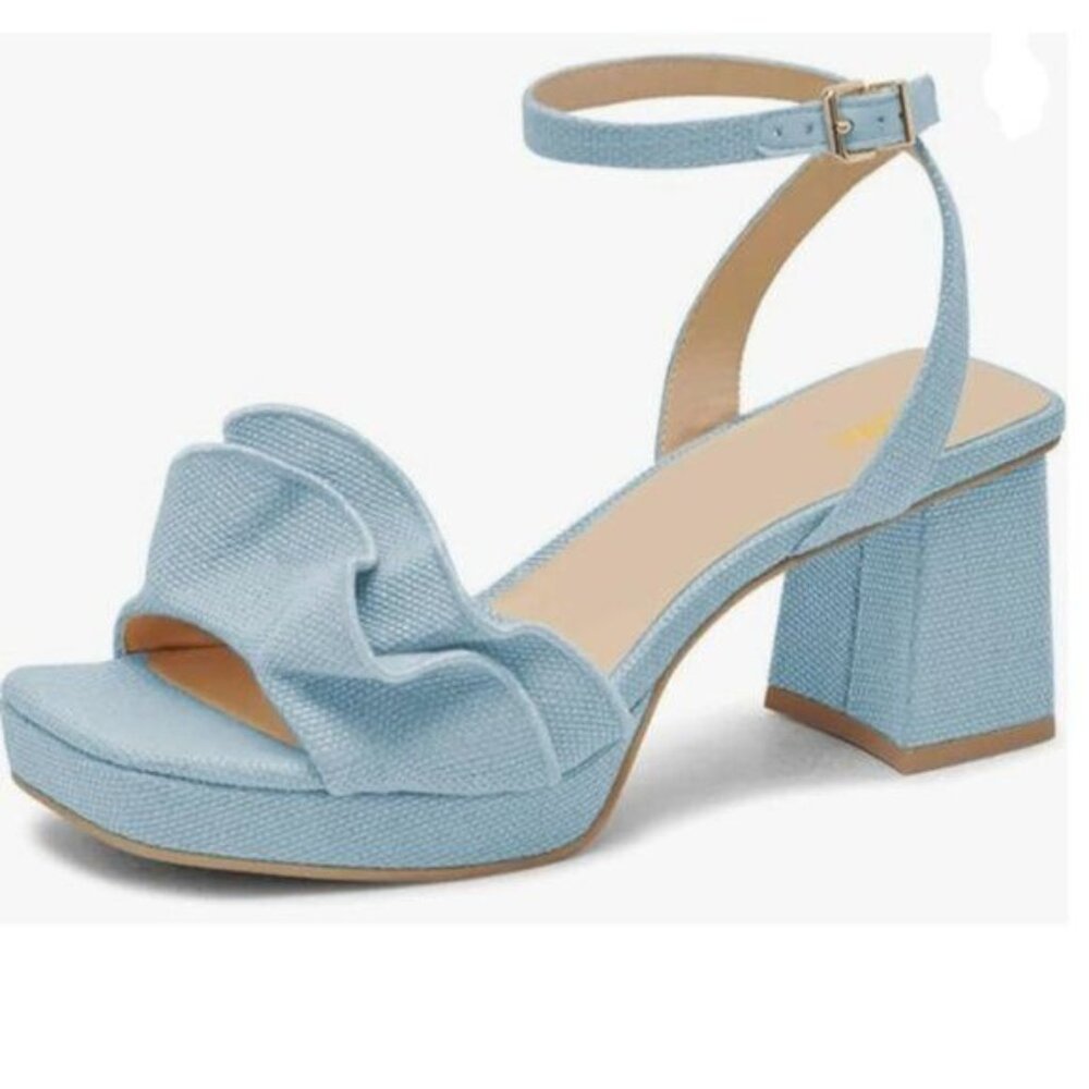 Pazzion Light Blue Platform Square Toe Pleated Ruffle Chunky High Heels Sandals